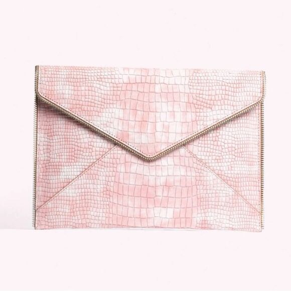 REBECCA MINKOFF Leo Snakeskin Embossed Leather Clutch Ballet Pink NEW MSRP $148 - Picture 1 of 7